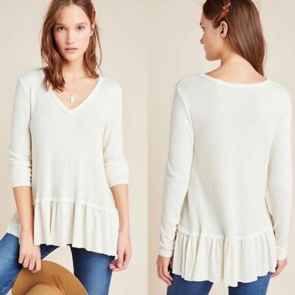 ANTHROPOLOGIE Eri + Ali Tallie Peplum Waffle Knit Thermal V-Neck Top - Medium - Picture 1 of 9